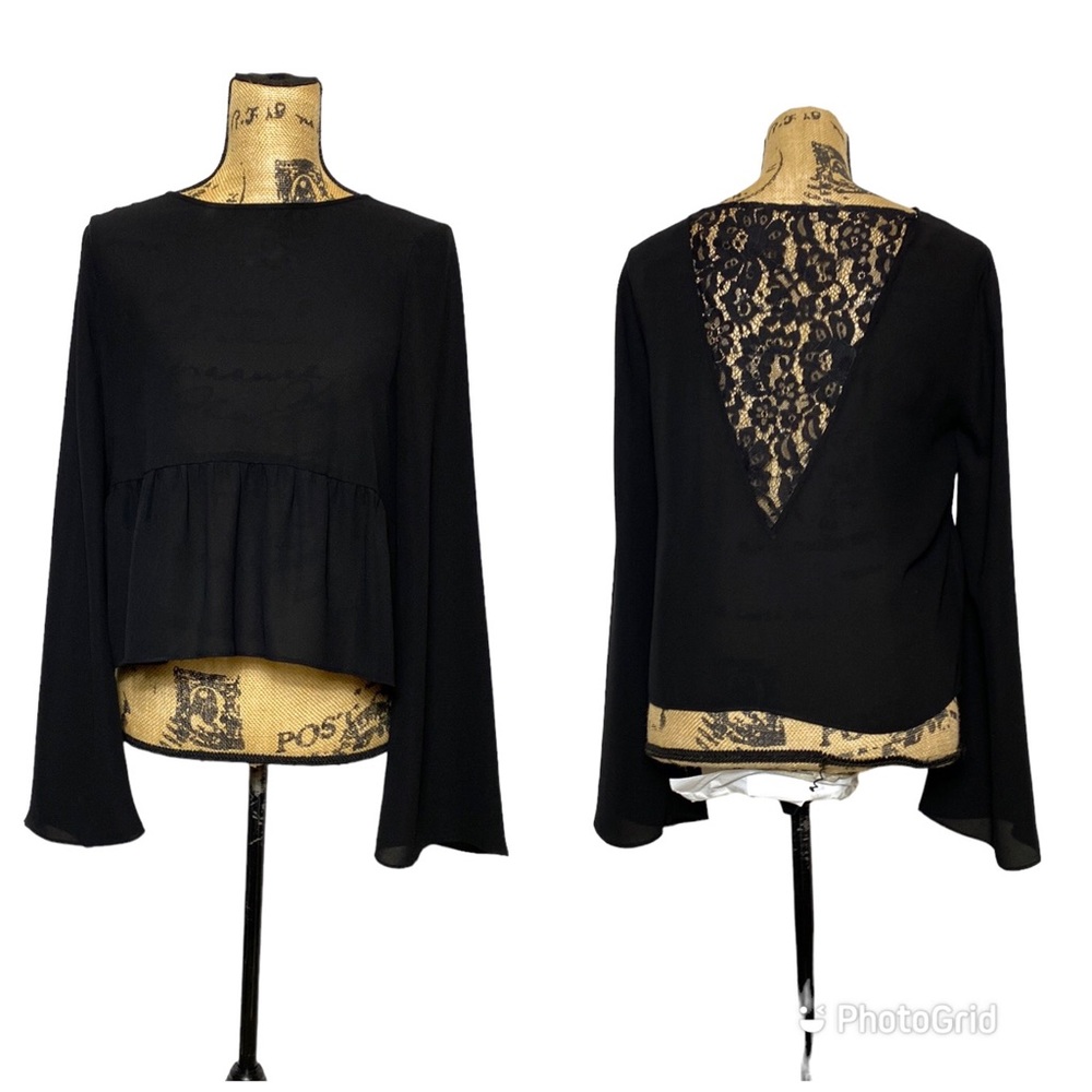 BCBGMaxAzria Black Long Sleeve Semi Sheer Blouse S